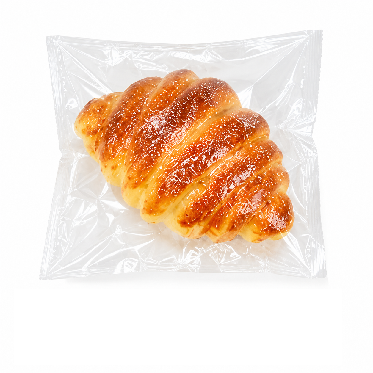 Realistic golden-brown croissant toy with white sugar dusting in clear plastic packaging.