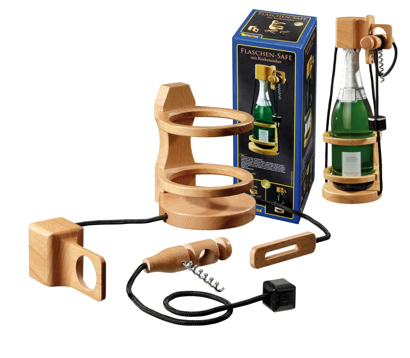 Bottle Puzzle With a Safe and Corkscrew
