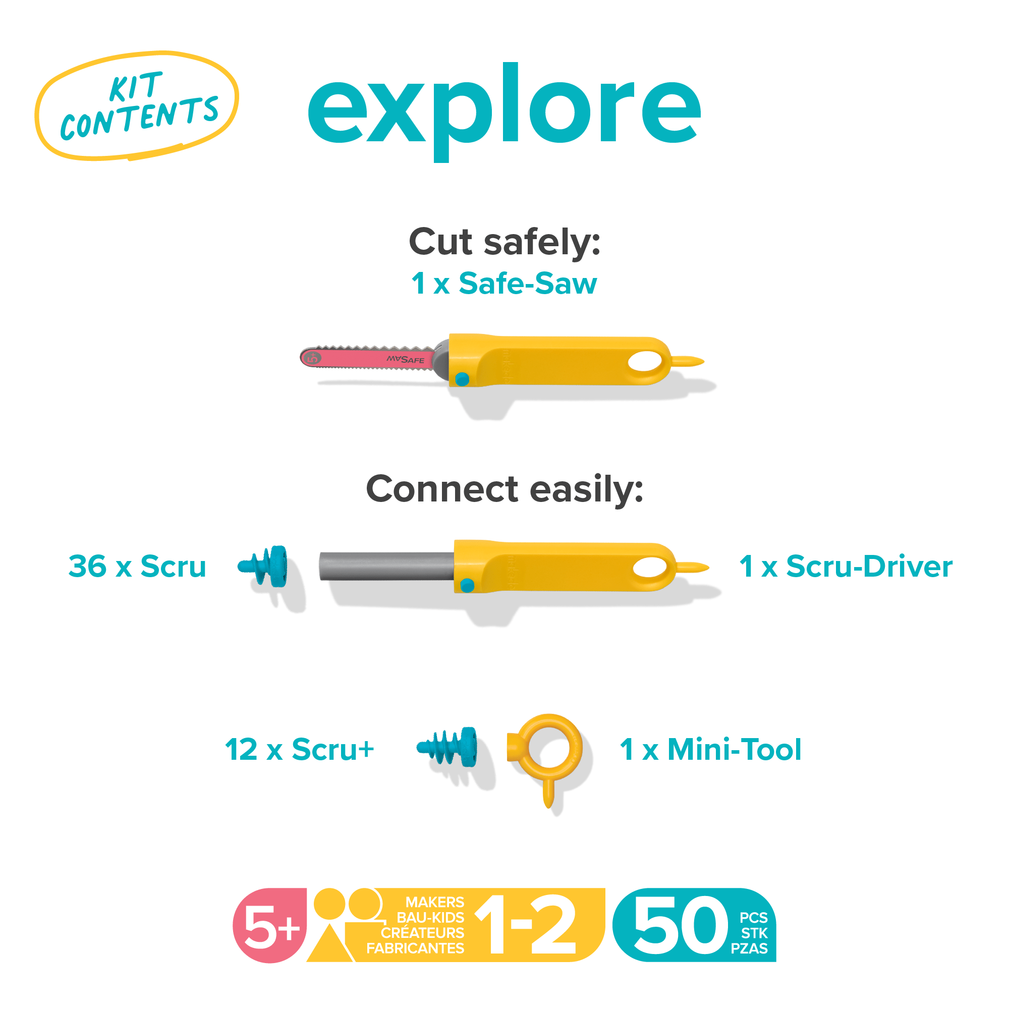 Explore Kit contents: 1 safe-saw, 1 screwdriver, 36 blue Scru, 12 Scru+, and 1 mini-tool in yellow and blue plastic.