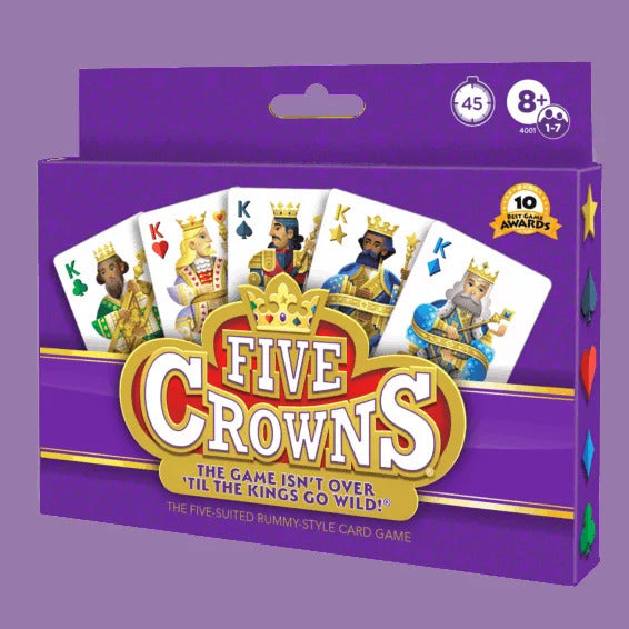 Purple Five Crowns card game box displaying five different King cards representing five unique suits.