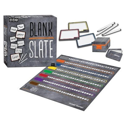 Blank Slate board game box alongside a scoreboard, colorful dry-erase slates, markers, and a stack of cue cards.