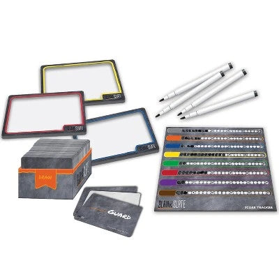 Three dry-erase boards with colored borders, four markers, a box of prompt cards, and a multi-colored score board.