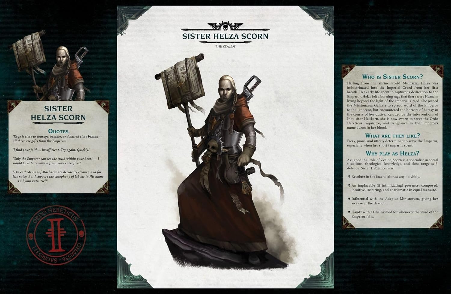 Character sheet for Sister Helza Scorn, a blonde woman in red robes and armor holding a large book-topped hammer.
