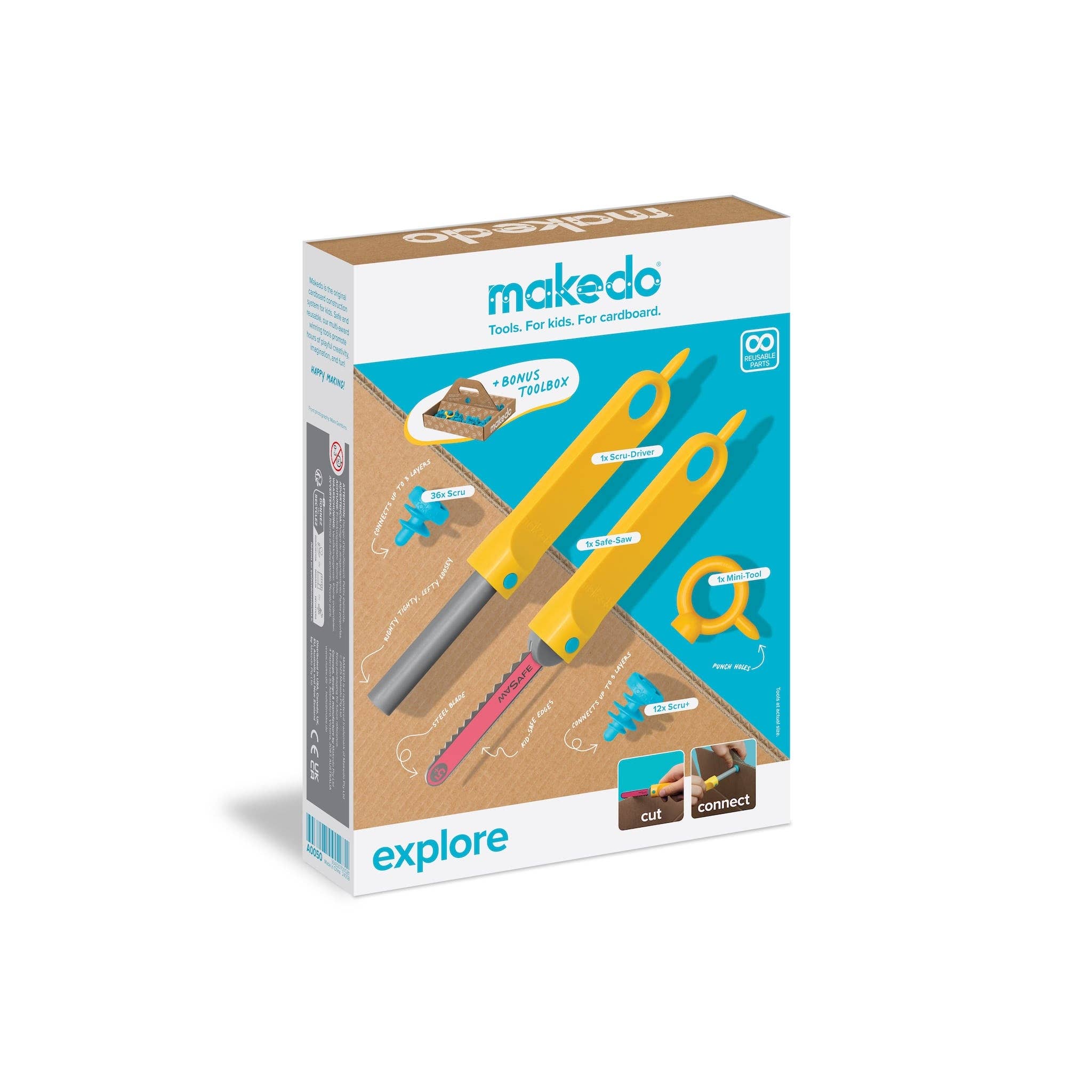 Box of cardboard construction tools featuring a yellow saw, screwdriver, and various blue plastic screws.