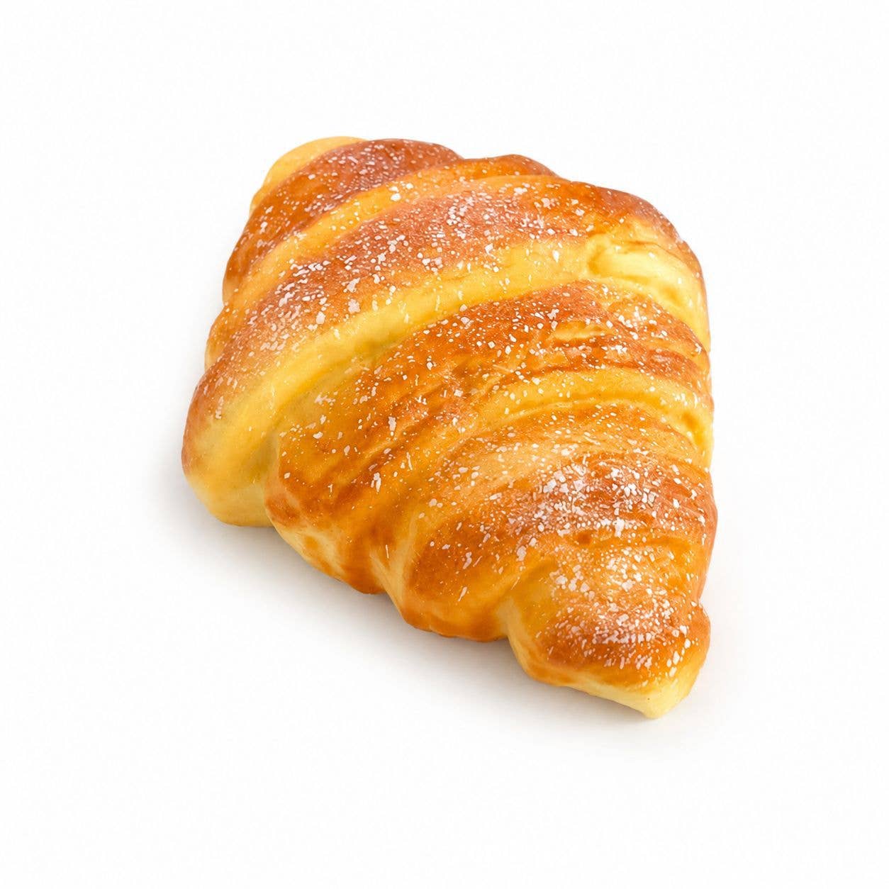 Realistic golden-brown croissant squishy toy with white dusting and curved shape on a plain white background.