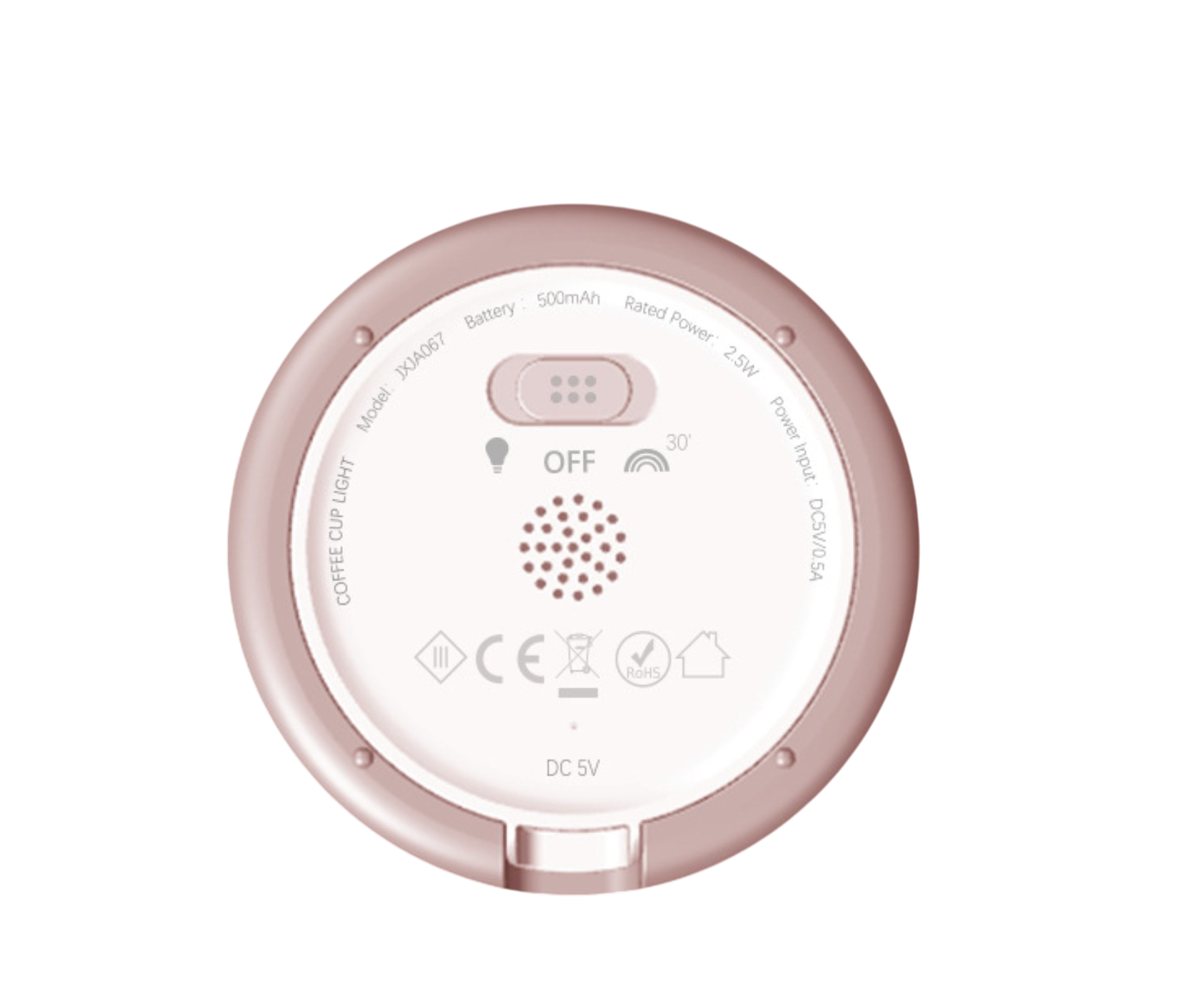 Rose gold circular base of a lamp with a light, off, and timer switch, ventilation holes, and a charging port.