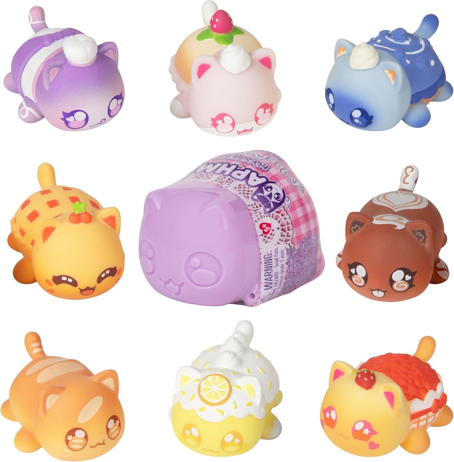 Eight colorful cat-shaped dessert squishies surrounding a purple cat-shaped mystery container.