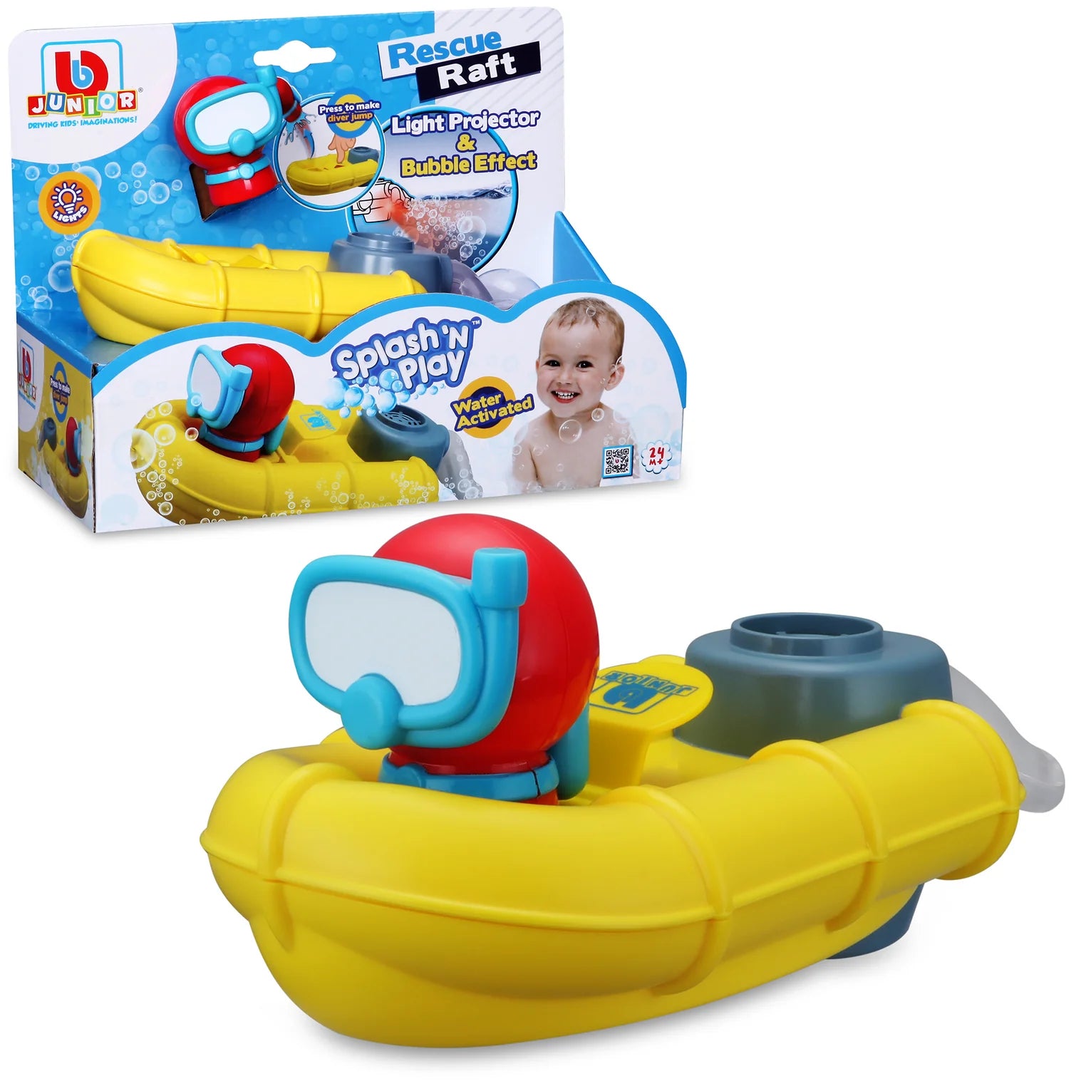 Yellow toy raft with red scuba diver figure next to blue packaging showing bubble and light projector effects.