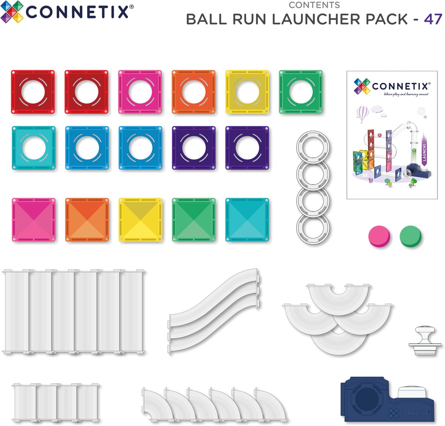 Connetix Magnetic Tiles 47 Piece Ball Run Launcher Pack