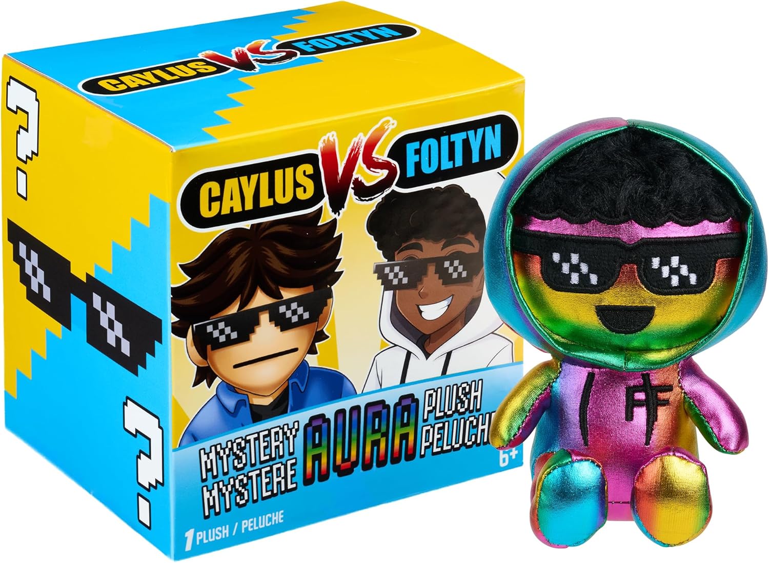Iridescent rainbow plush toy with pixel sunglasses standing next to its yellow and blue mystery box.