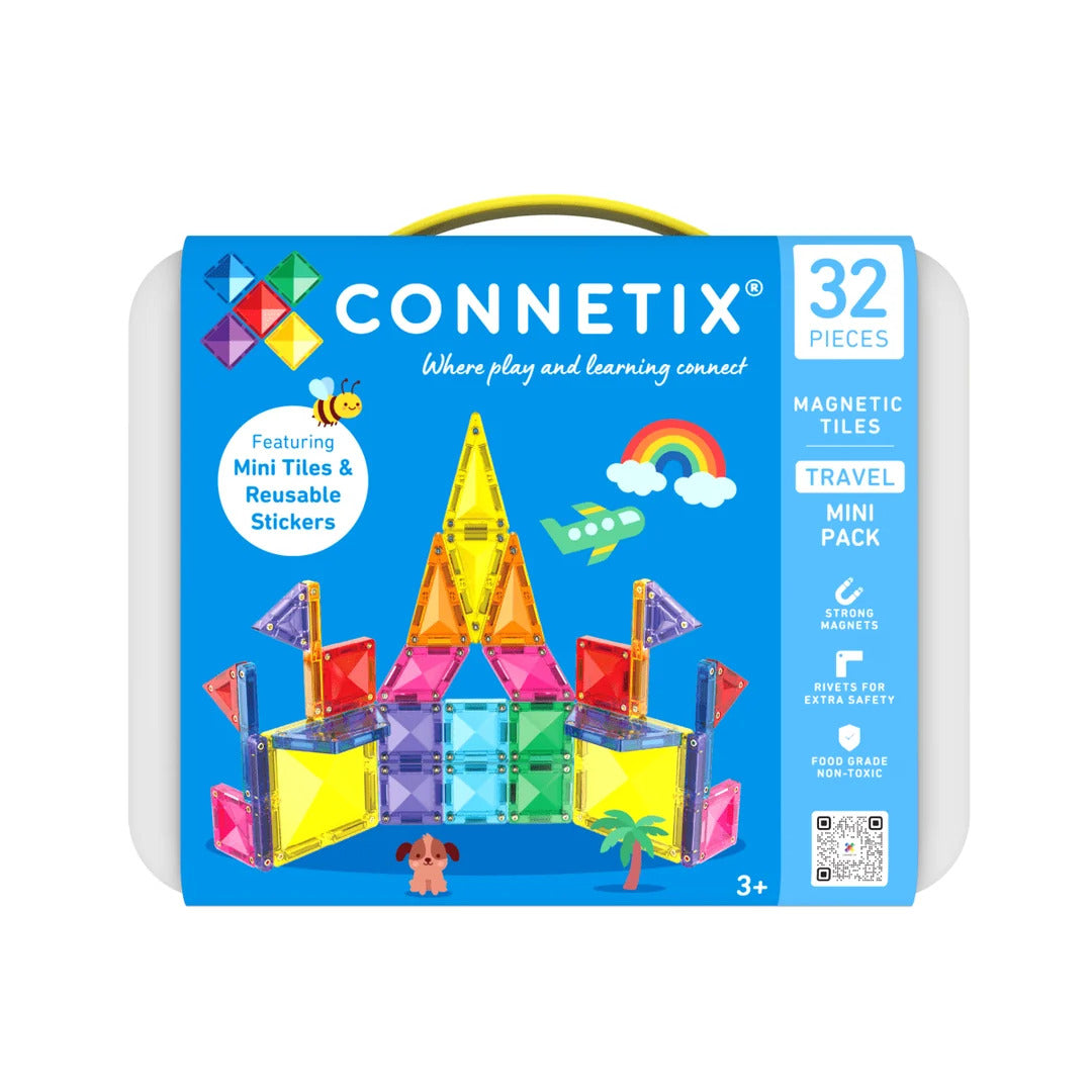 CONNETIX Travel Mini Pack box showing a colorful magnetic tile castle build with dog and rainbow stickers.