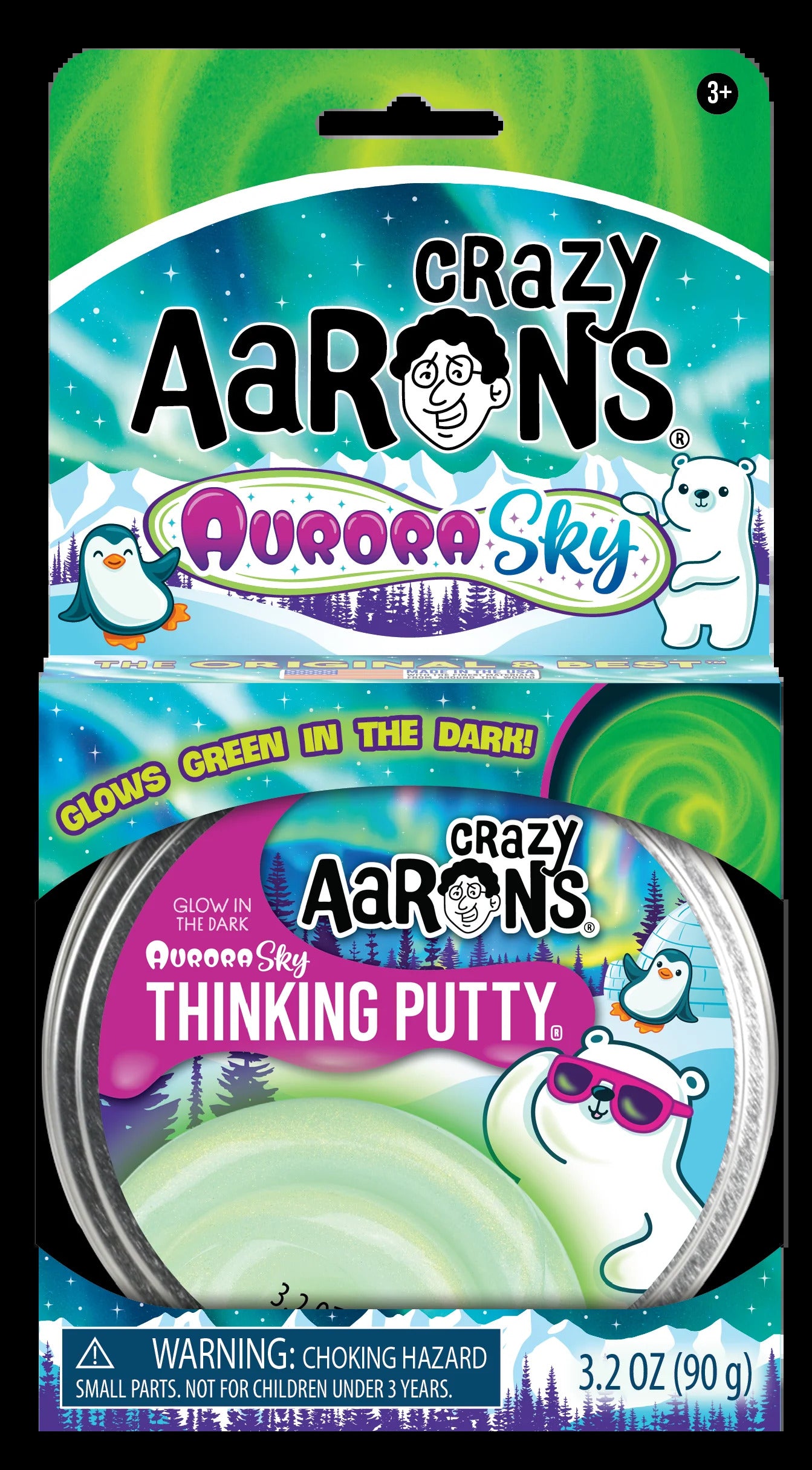 Packaging for Aurora Sky Thinking Putty featuring a polar bear with sunglasses and a penguin against a northern lights sky.