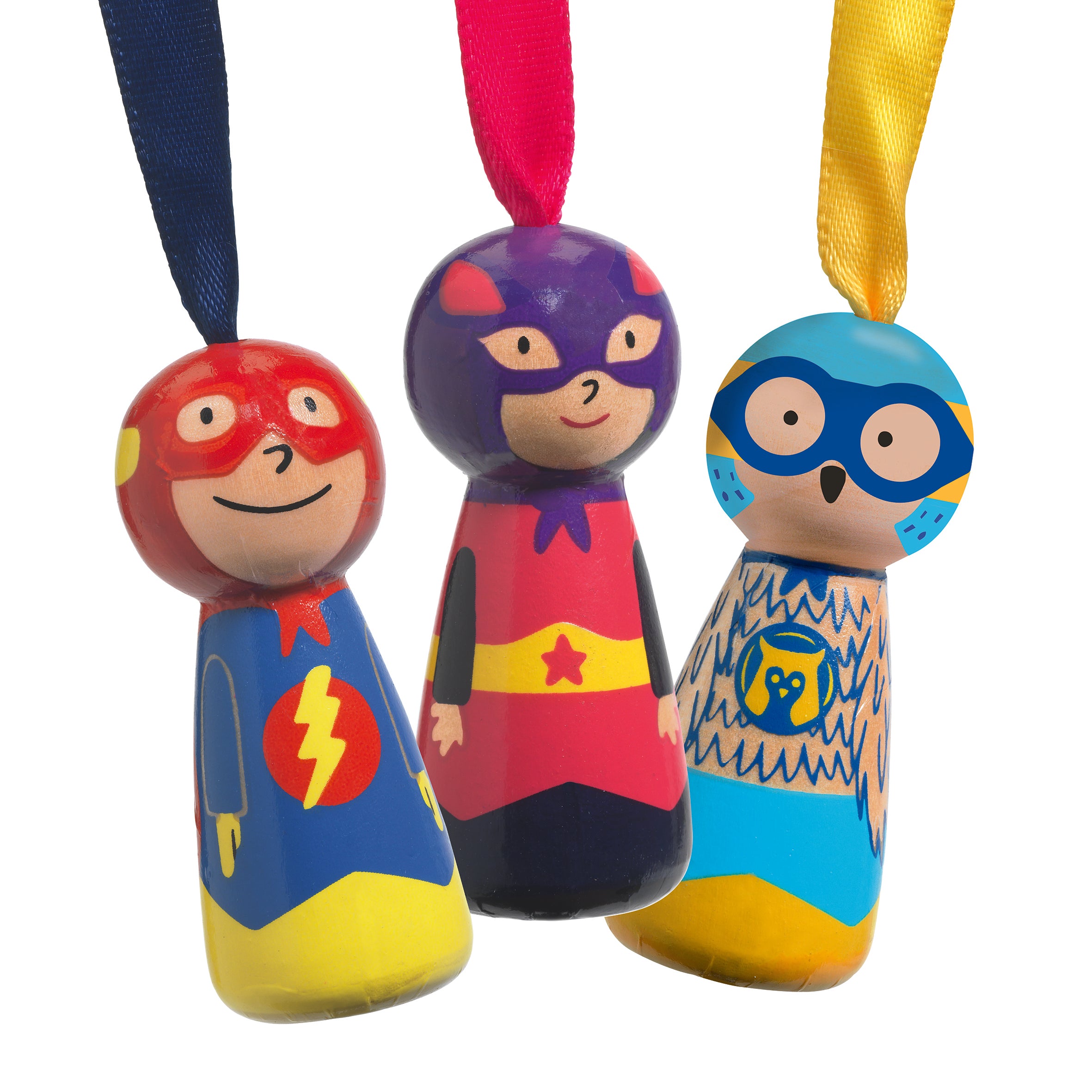 Three hand-painted wooden superhero peg dolls with colourful hanging ribbons.