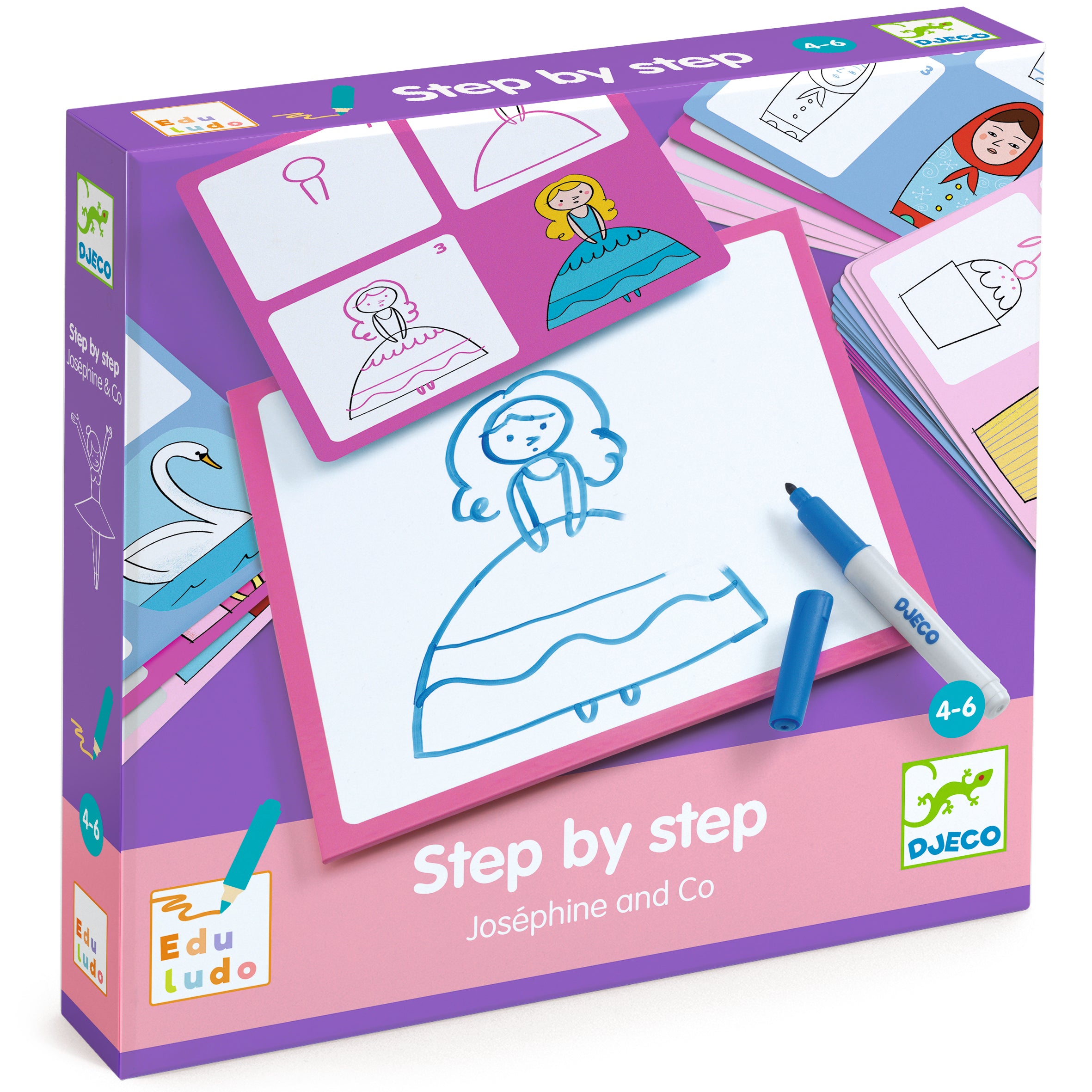 Djeco Step by Step Joséphine and Co drawing kit box with drawing cards, a whiteboard, and a blue dry-wipe marker.