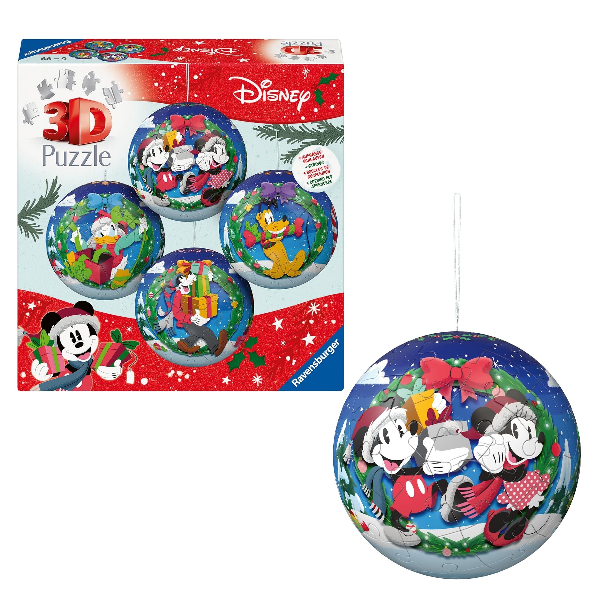 Disney 3D puzzle ornament box and a completed Mickey and Minnie sphere hanging from a string.