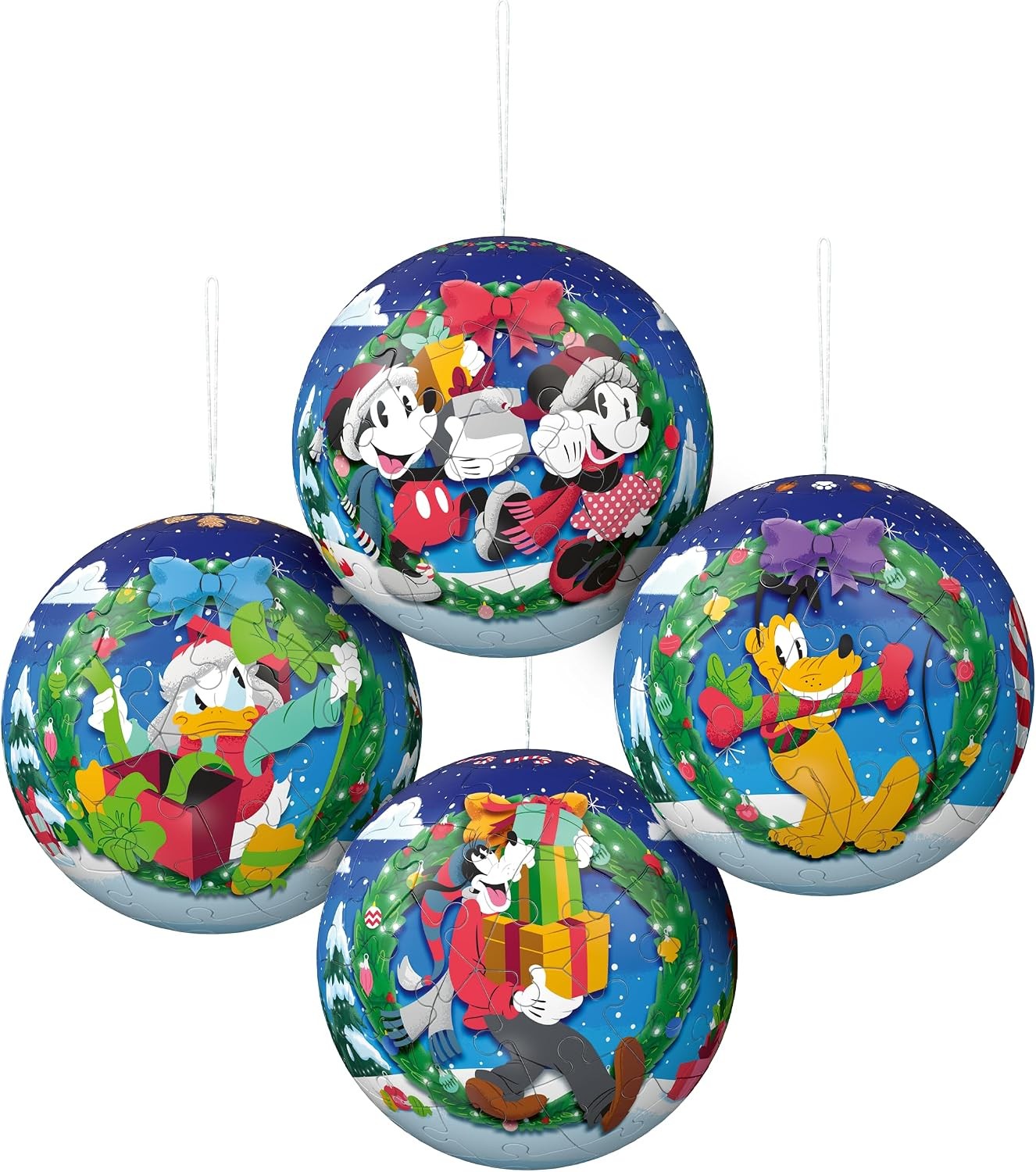 Four blue spherical puzzles featuring Mickey, Minnie, Donald, Goofy, and Pluto inside festive wreaths with presents.