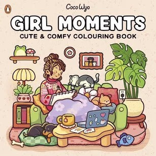 Front cover of Girl Moments coloring book featuring a girl sketching on a sofa surrounded by her pets.