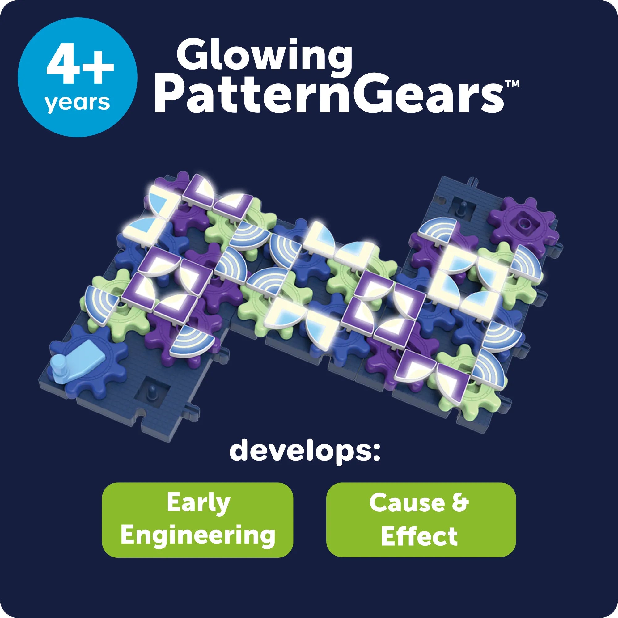 Interlocking purple and green gears with glowing white light patterns on blue bases, labeled for ages 4 and up.