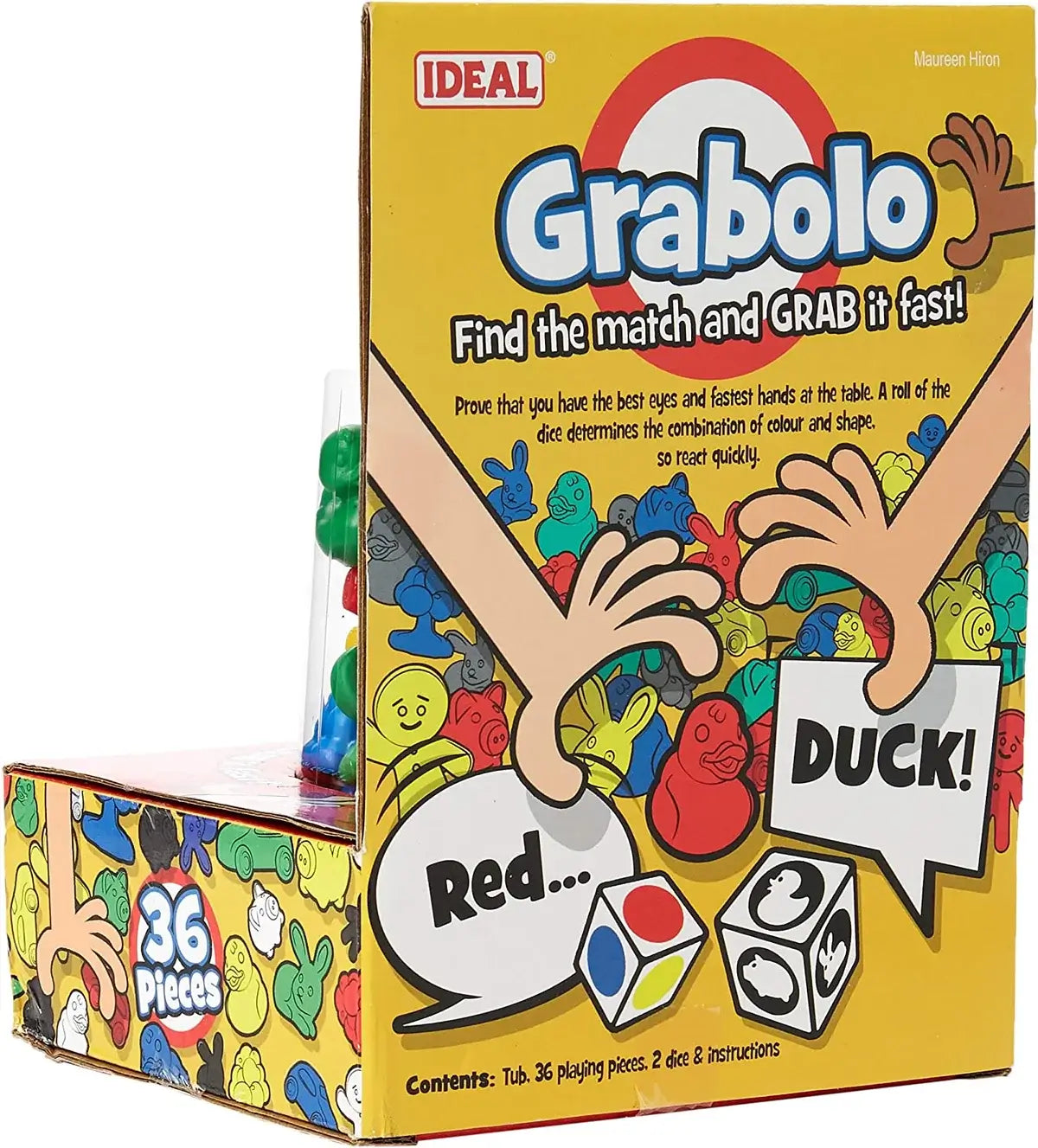 Yellow Grabolo game box with cartoon hands grabbing colorful plastic animal pieces, plus dice and 36 play pieces.