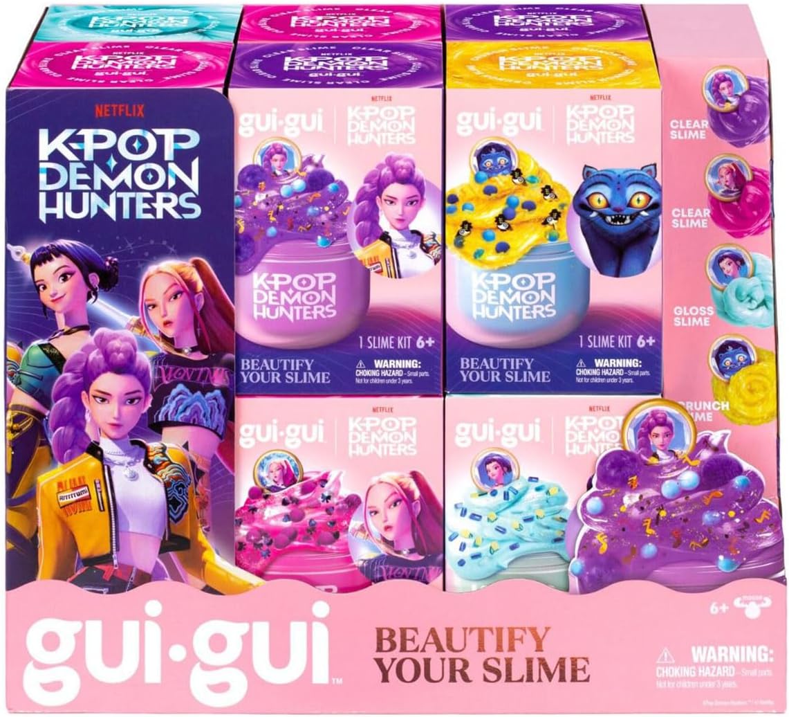 A retail display of K-Pop Demon Hunters gui-gui slime kits featuring colorful boxes with animated character art.