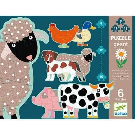 Product box for Djeco Honore & Friends Giant Jigsaw Puzzles showing colourful illustrations of farm animals on a teal background.