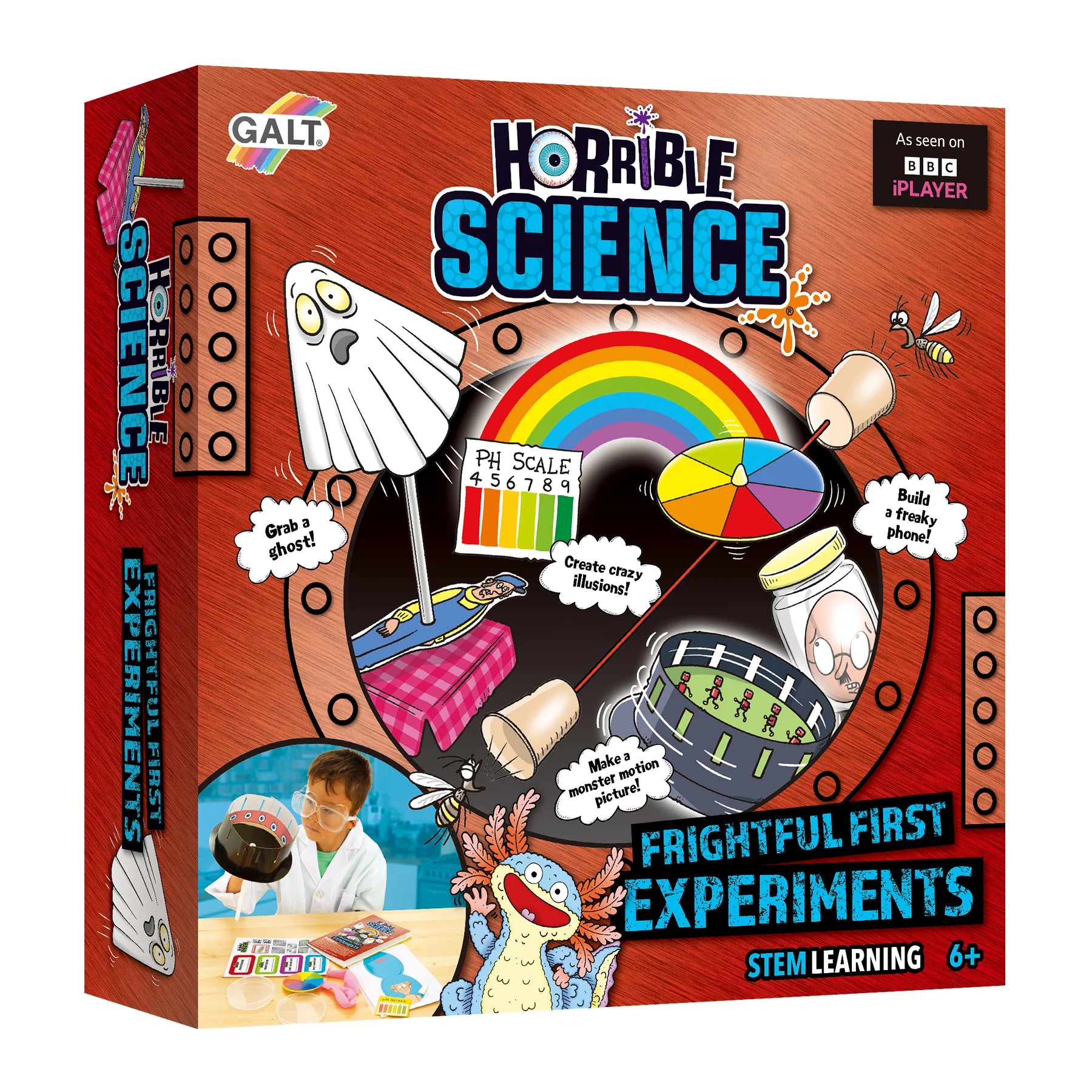 Red box featuring a porthole of cartoon science illustrations, a blue monster, and a child scientist in a lab coat.