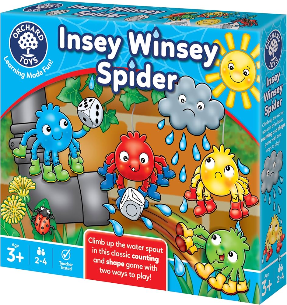 Box for Orchard Toys Insey Winsey Spider game featuring colourful spiders, a smiling sun, and weather-themed dice.