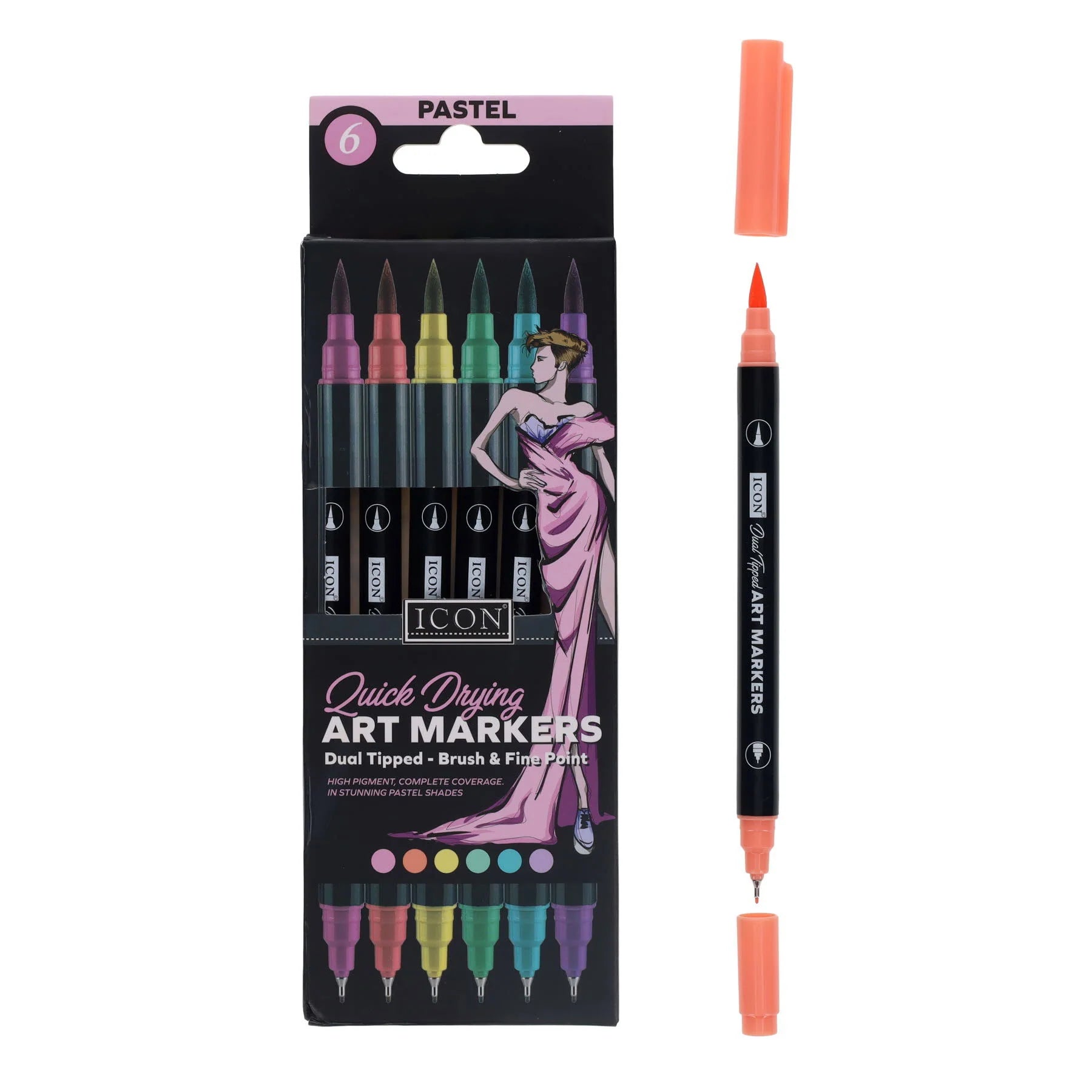 Icon Quick Drying Art Markers - Dual Tipped - Brush & Fine Point - Pastel - Pack Of 6