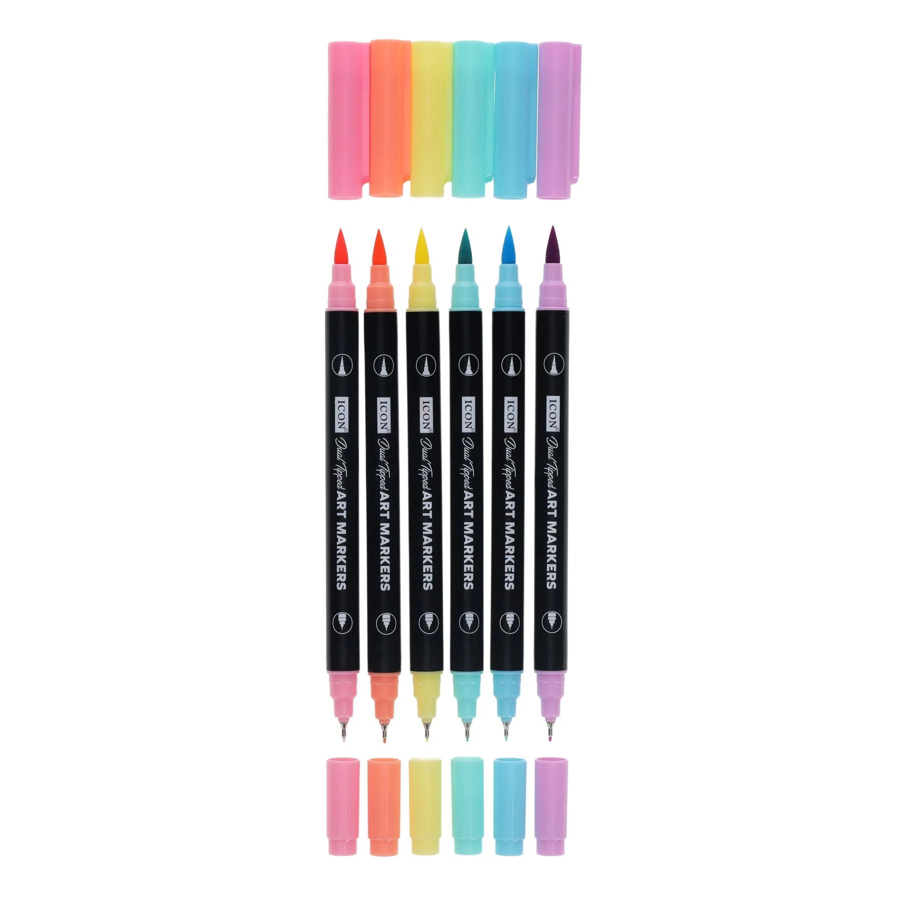 Icon Quick Drying Art Markers - Dual Tipped - Brush & Fine Point - Pastel - Pack Of 6