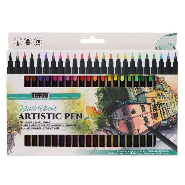 A box of 24 ICON Brush Stroke Artistic Pens showing a rainbow of nibs and an architectural illustration.