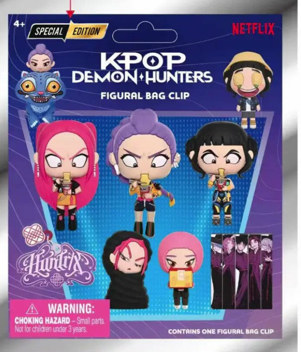 Packaging for a Netflix K-Pop Demon Hunters figural bag clip showing multiple stylized anime-style characters.