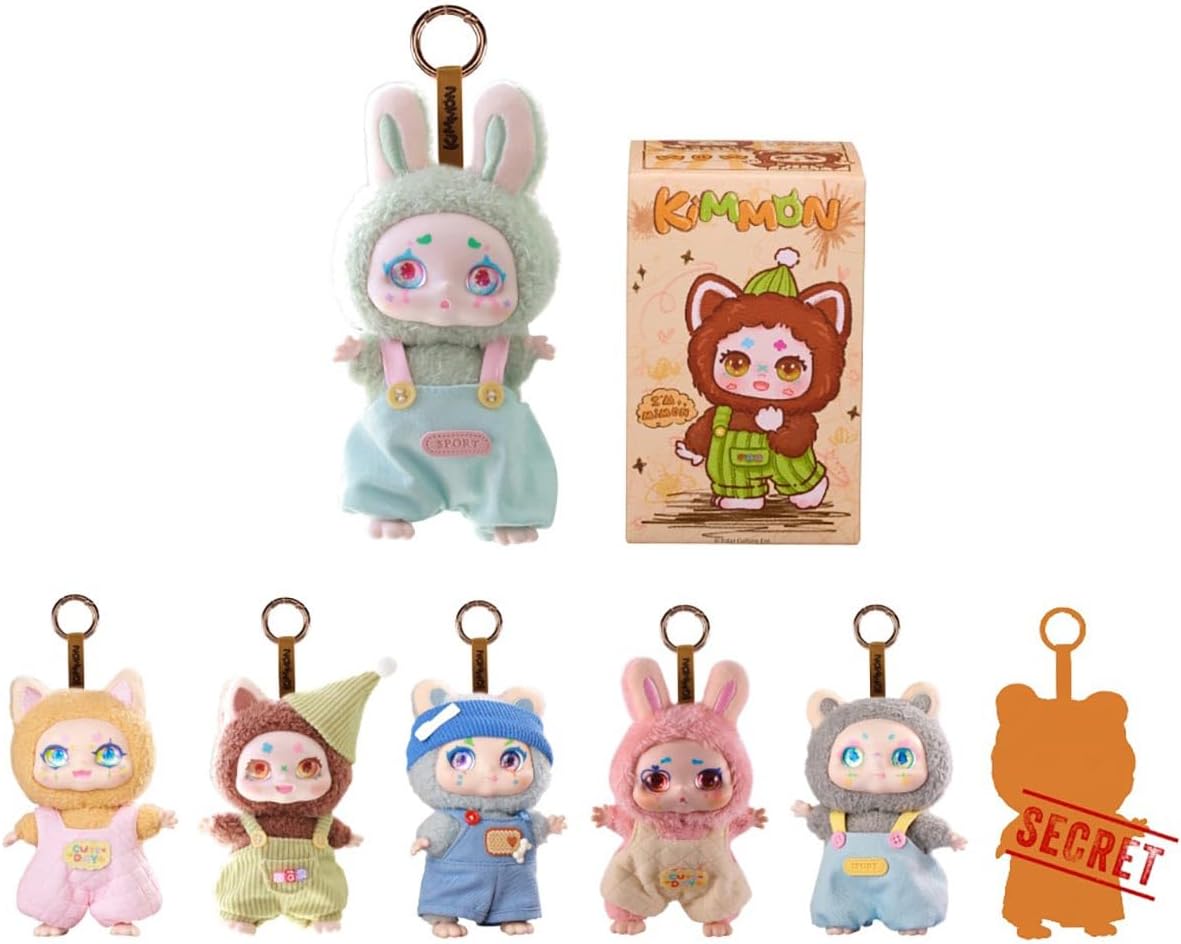 Six colorful plush keychains in animal hoodies, a brown blind box, and one secret character silhouette.