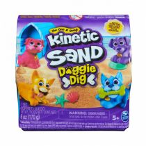 Purple packaging for Kinetic Sand Doggie Dig featuring colorful dog figures, a blue dog house, and tan sand.