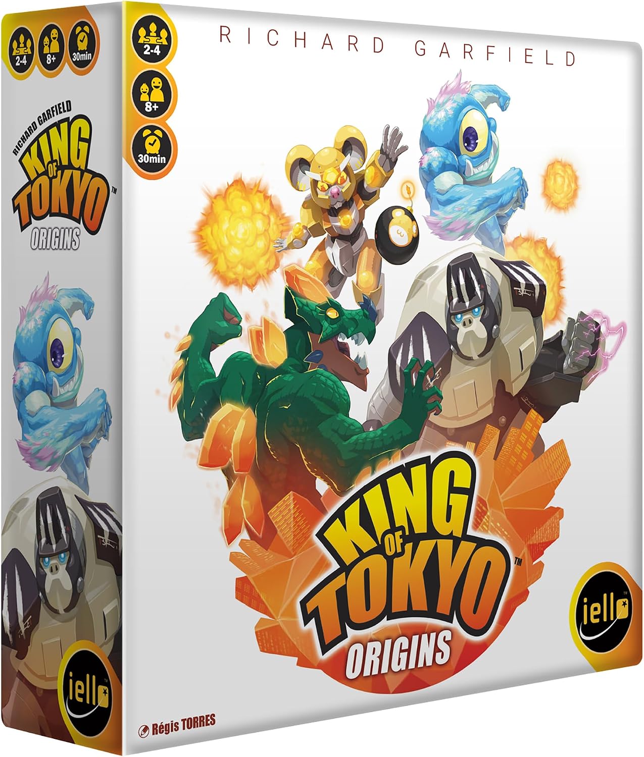Board game box for King of Tokyo Origins featuring four monsters battling over a crystal city on a white background.