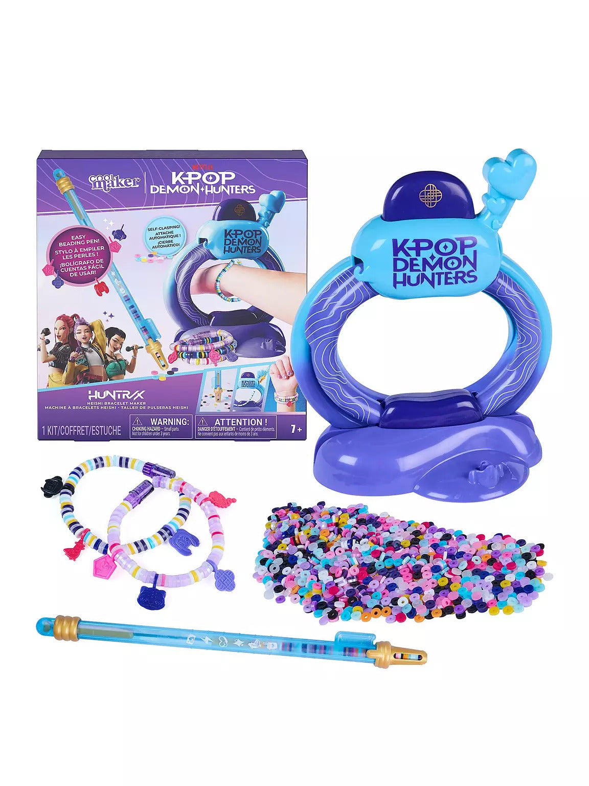 Purple and blue K-Pop Demon Hunters bracelet maker kit with beading pen, colorful heishi beads, and charms.