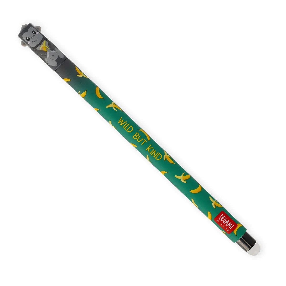 Green gel pen with yellow banana pattern, a grey 3D monkey cap, and a white eraser tip.