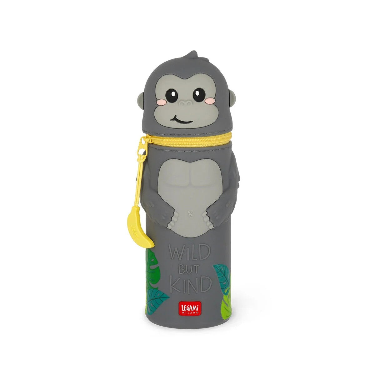 A grey silicone gorilla-shaped standing pencil case with a yellow banana zipper pull and jungle leaf details.