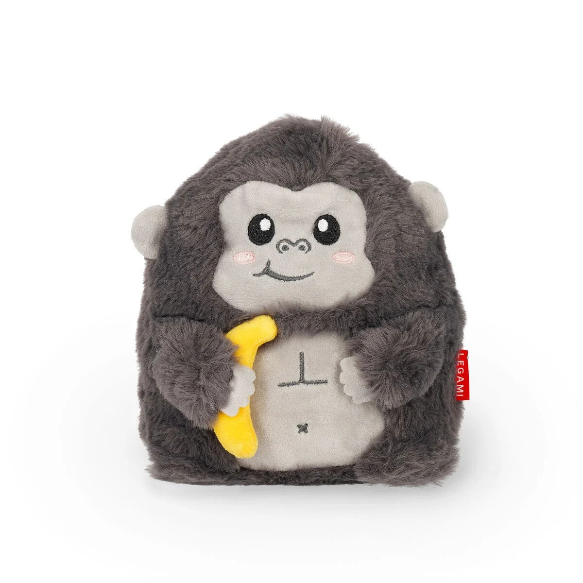 A round grey plush gorilla with an embroidered face and belly, holding a small yellow plush banana.