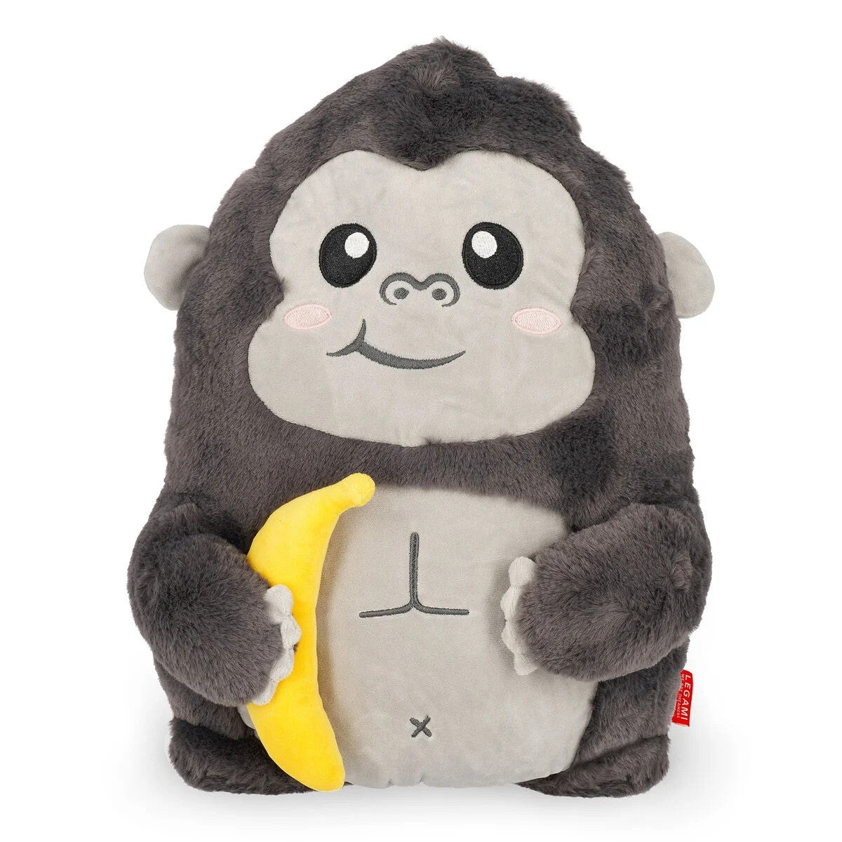 Smiling grey plush gorilla toy with light grey face and belly holding a yellow plush banana.