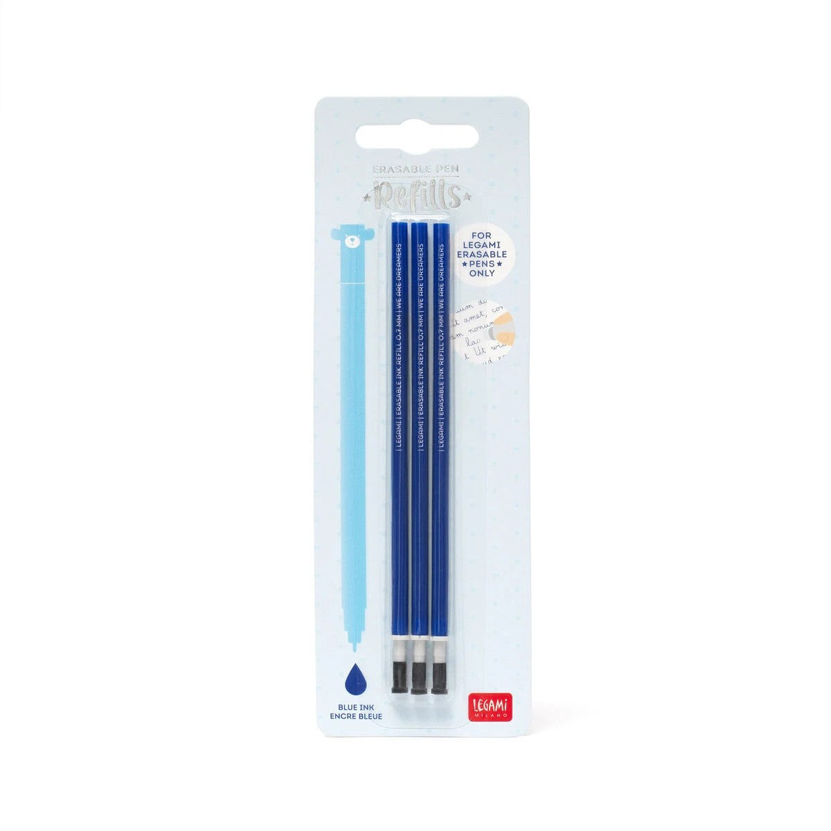 Pack of three blue 0.7mm ink refills for Legami erasable pens on a light blue card.