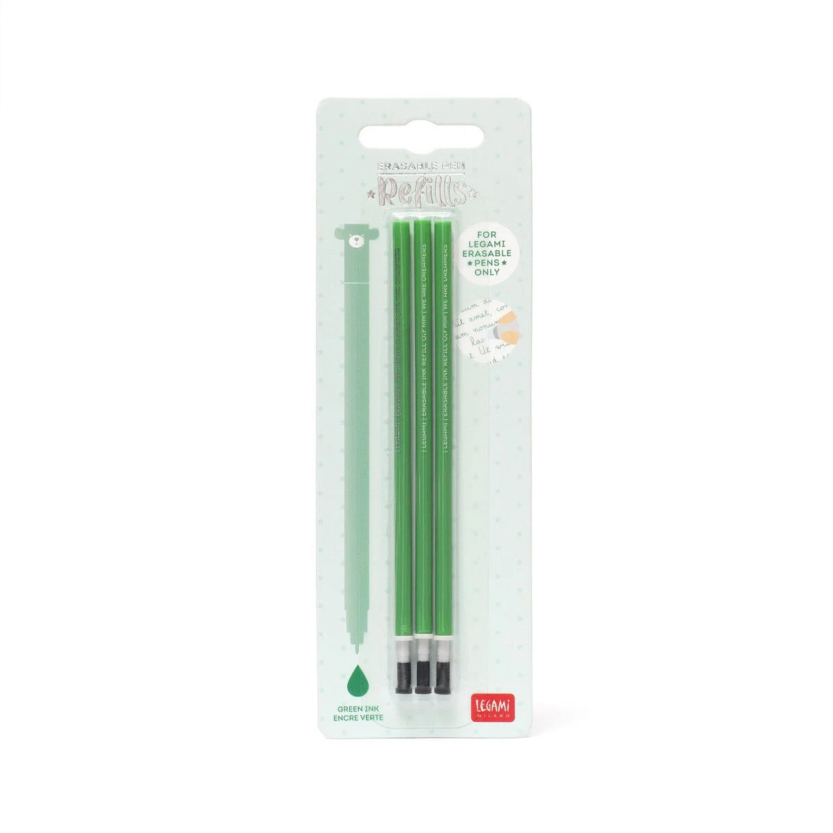 Three green ink refills for Legami erasable pens in a light green blister pack.