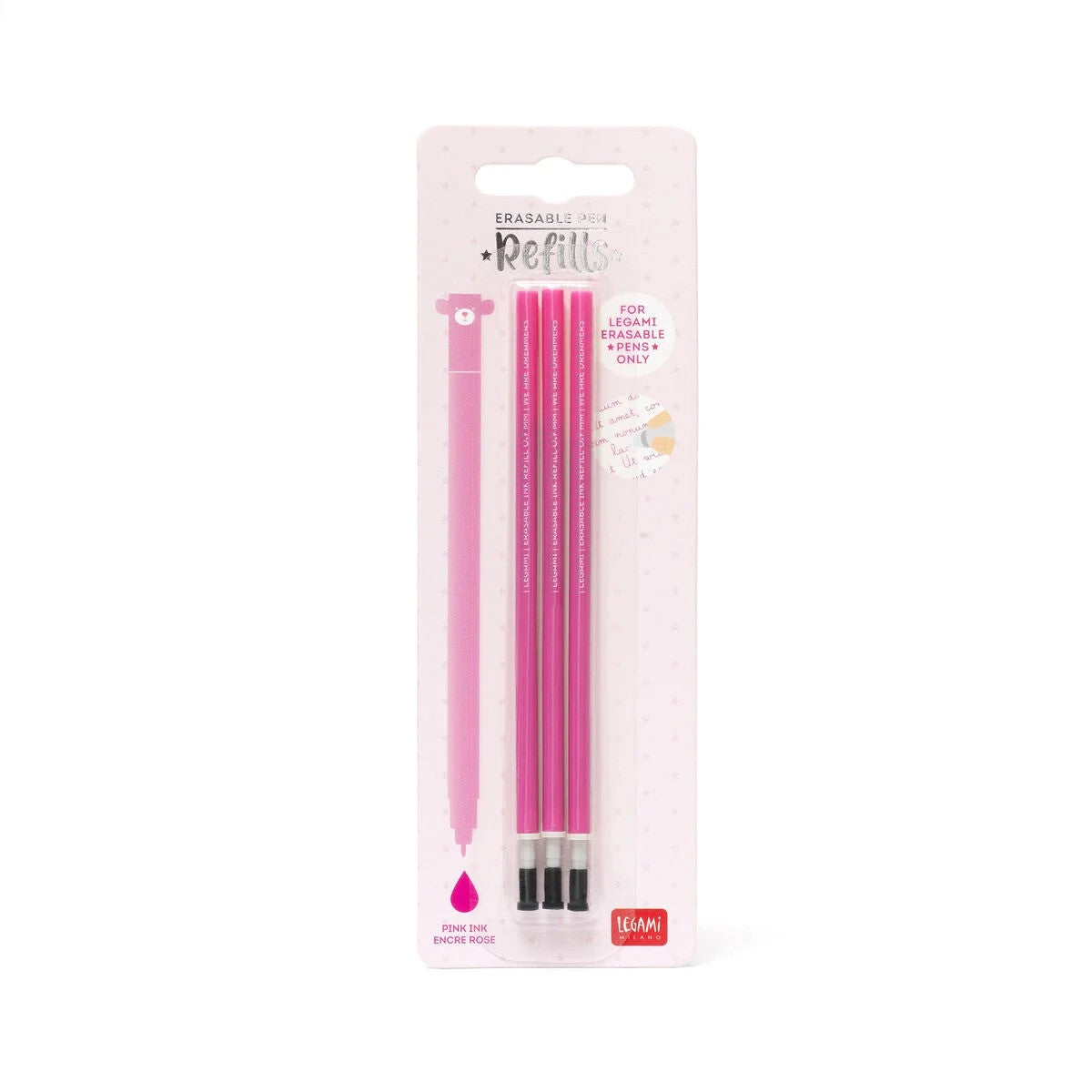 Set of three pink erasable pen refills in a pink card and plastic blister pack with a bear pen graphic.