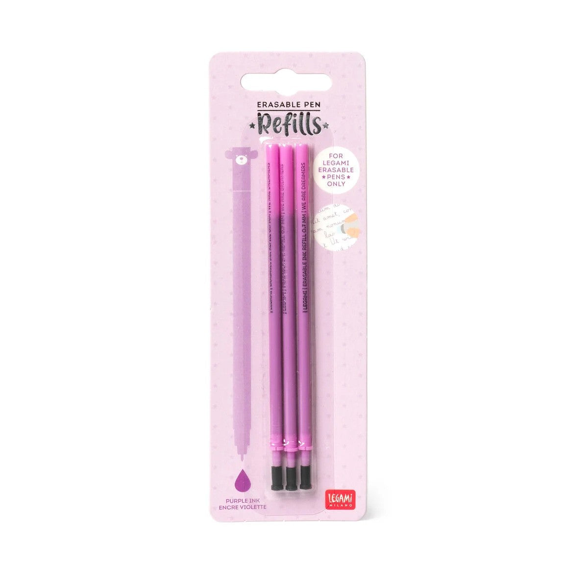 Three purple erasable ink refills in a pink blister pack by Legami Milano.