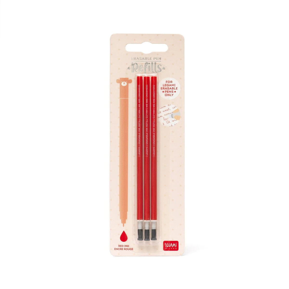 A pack of three red ink refills for Legami erasable pens displayed on a light pink cardboard backing.