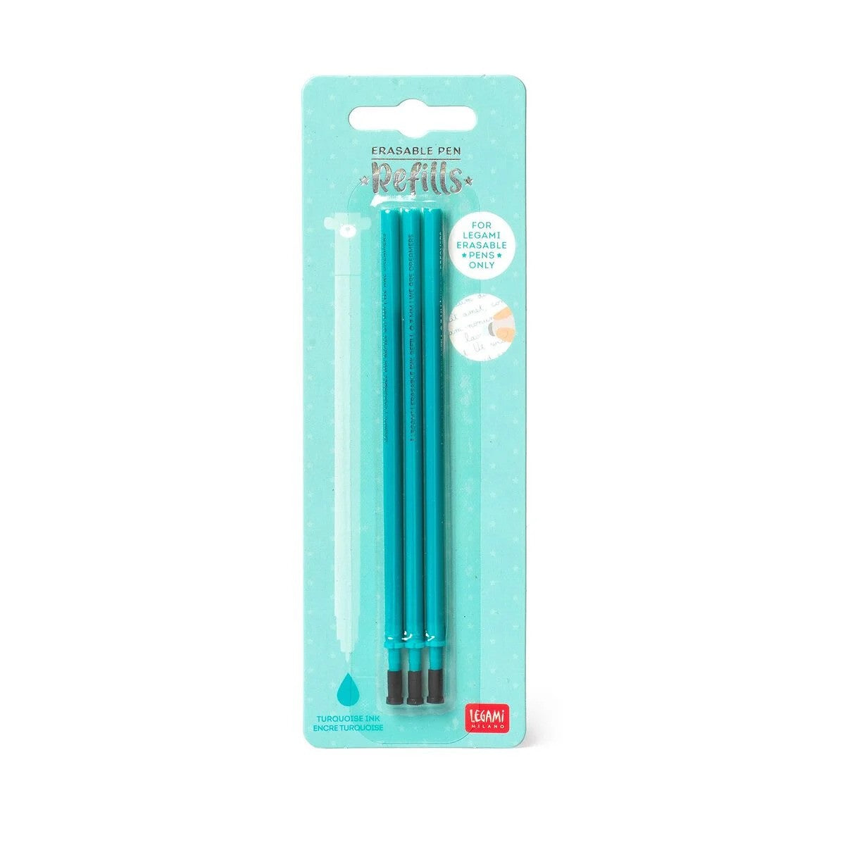 Three turquoise ink pen refills displayed in light blue blister packaging with Legami Milano branding.