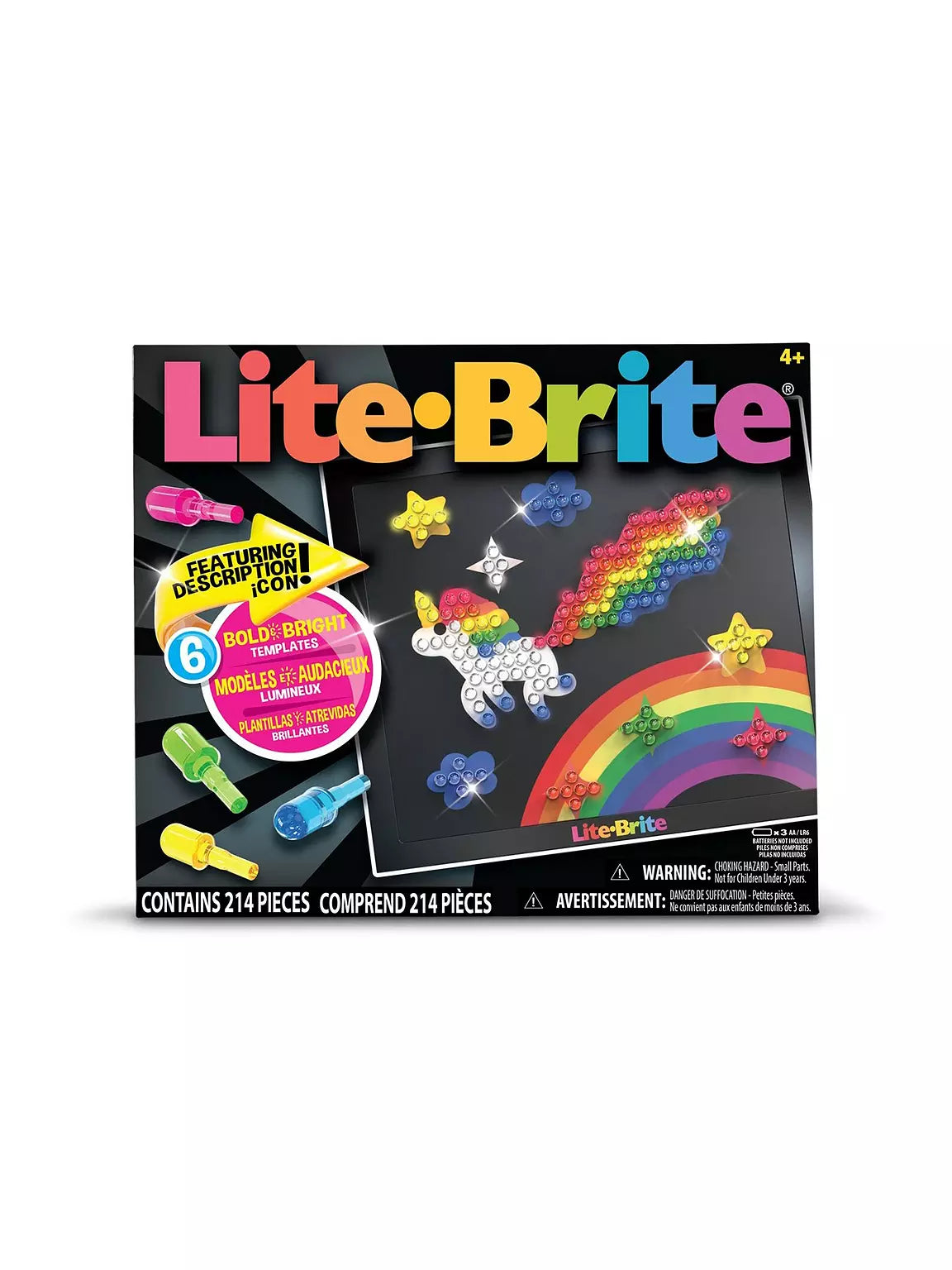 Lite-Brite box featuring a glowing unicorn and rainbow design made of colorful pegs on a black light-up screen.