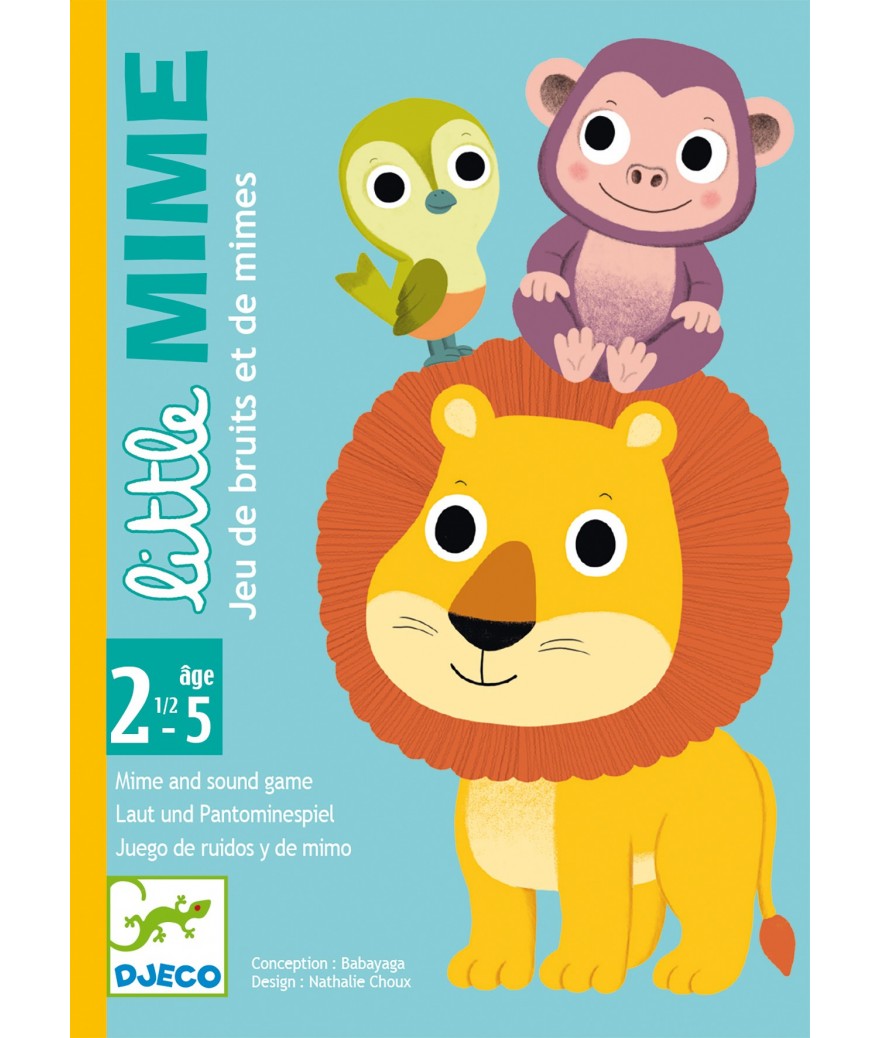 Product box for Djeco Little Mime game with colorful lion, monkey, and bird characters on a blue background.