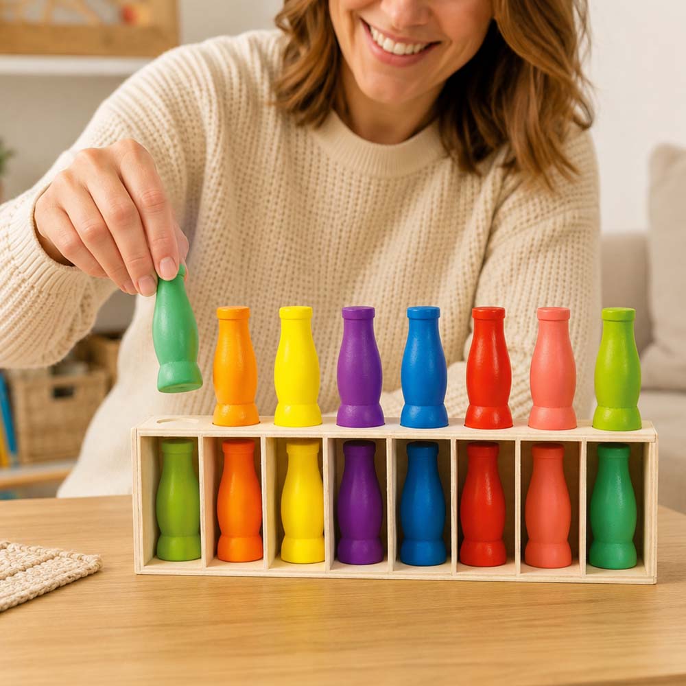A woman's hands sorting colorful wooden pegs into a wooden box with matching slots, showing 16 peg pieces in total.