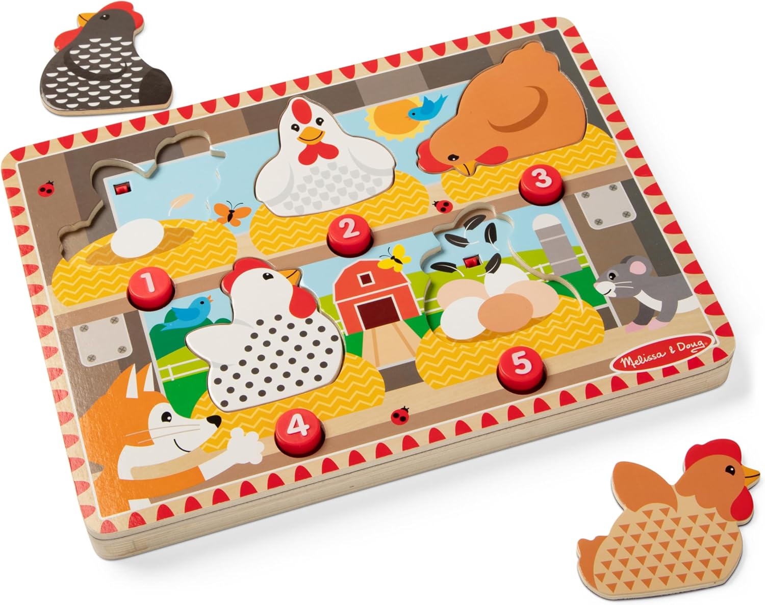 A wooden farm-themed sound puzzle with five chicken-shaped pieces and numbered slots 1 through 5.