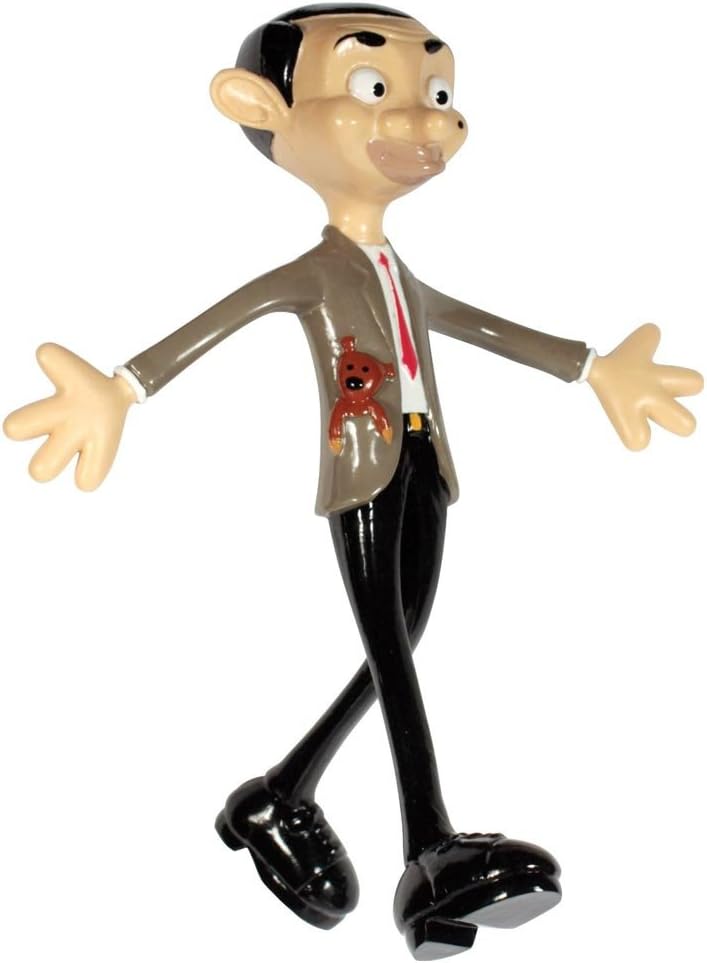 Mr. Bean bendable toy figure in a brown suit with Teddy in his pocket and arms outstretched.